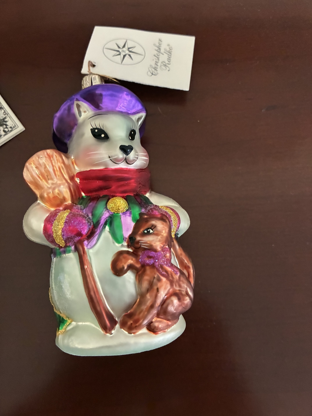 Christopher Radko White Cat Ornament with Purple Hat and Red Scarf